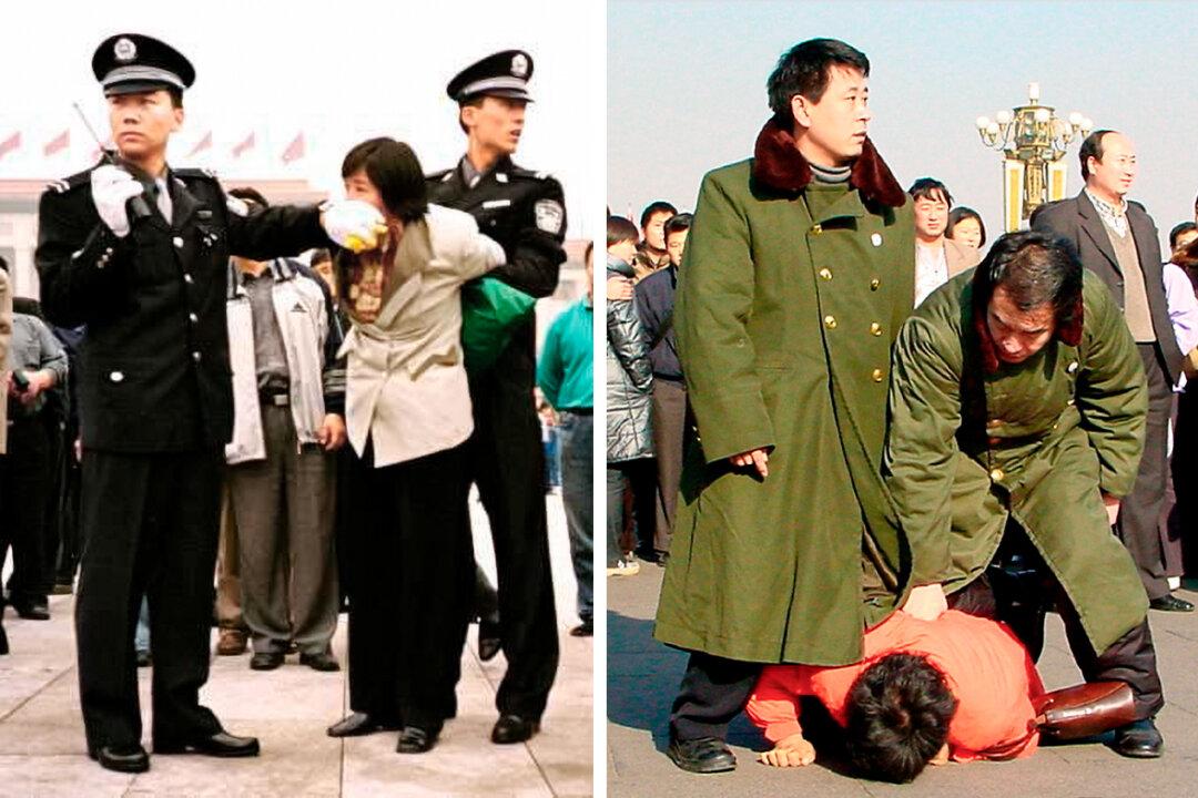 (Left) Two Chinese police officers arrest a Falun Gong practitioner on Tiananmen Square in Beijing on Jan. 10, 2000. (Right) Chinese police detain a Falun Gong practitioner on Tiananmen Square in Beijing, in this file photo. (Chien-Min Chung/AP Photo, Minghui)
