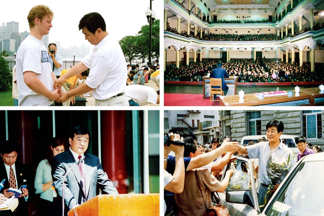 (Clockwise from top Left) Mr. Li Hongzhi teaches people the five meditative exercises of Falun Gong in Chicago, in this file photo. Mr. Li gives a seminar in Wuhan, Hubei Province, China, in 1993. Falun Gong practitioners welcome Mr. Li at the Port of Dalian in Liaoning Province, China, on July 1, 1994. Mr. Li accepts proclamations issued in his honor by the Illinois governor, the Illinois state treasurer, and the mayor of Chicago, in 1999. (Minghui)