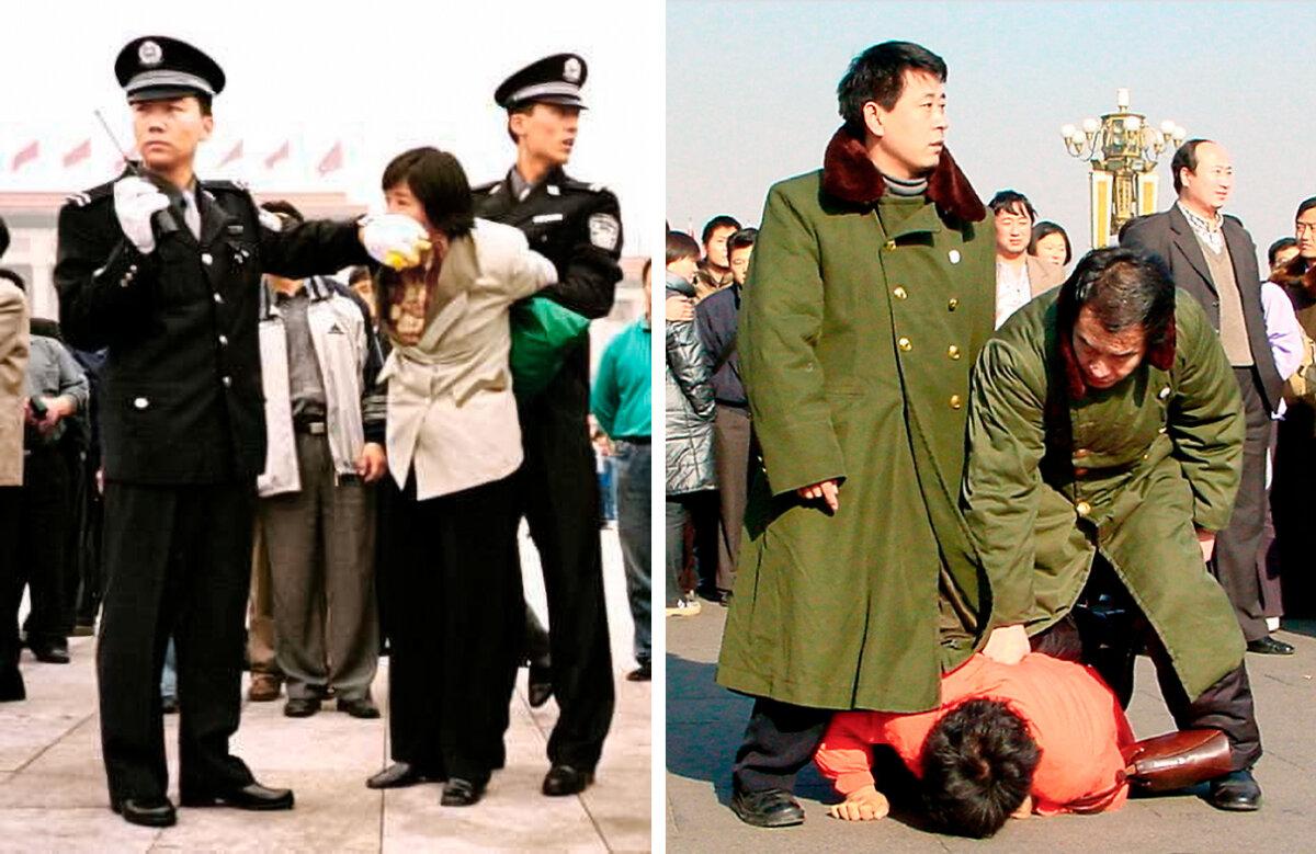 (Left) Two Chinese police officers arrest a Falun Gong practitioner on Tiananmen Square in Beijing on Jan. 10, 2000. (Right) Chinese police detain a Falun Gong practitioner on Tiananmen Square in Beijing, in a file photo. (Chien-Min Chung/AP Photo, Minghui)