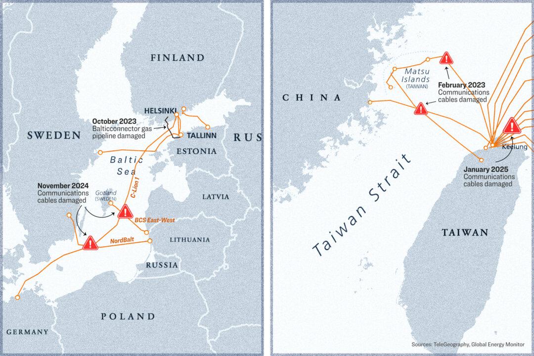 Undersea communications cables and natural gas pipelines that were allegedly sabotaged by the Chinese regime and Russia in the Baltic Sea (L) and the Taiwan Strait (R). (Illustration by The Epoch Times, Shutterstock)