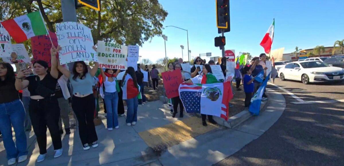 Protesters with Mexican flags oppose the Trump administration’s border policies in Escondido, Calif., on Feb. 2, 2025. (Audra Morgan/Eye of the Storm)