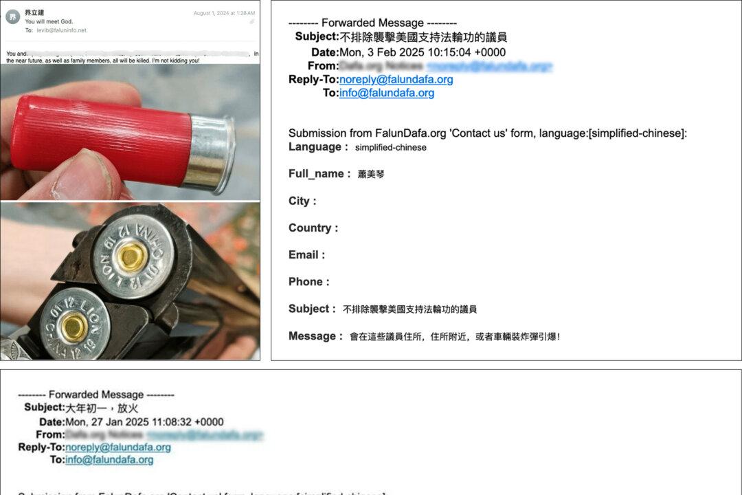 Screenshots of email threats targeting Shen Yun and Falun Gong, in which the sender is impersonating a Chinese dissident (Top L), another sender saying “we do not rule out attacking congressional members who support Falun Gong” (Top R), and another one claiming that he had made a “large number of incendiary bombs” near the Shen Yun campus in New York (Bottom). (Falun Dafa Information Center)