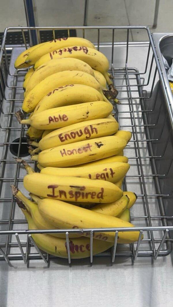 Handwritten messages on bananas for students. (Courtesy of Verna Wow-Wright)