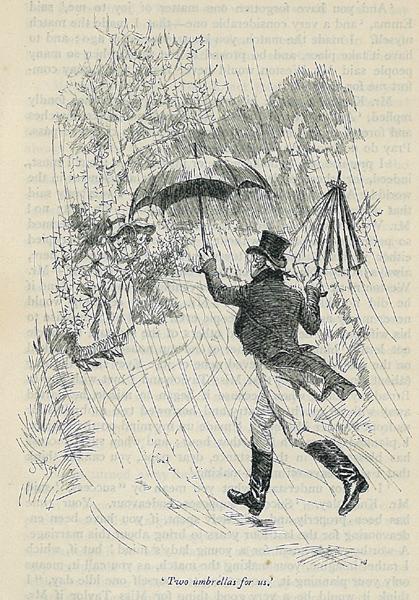 Knightley saves some ladies from the rain, in this 1898 illustration from "Emma." (Public Domain)