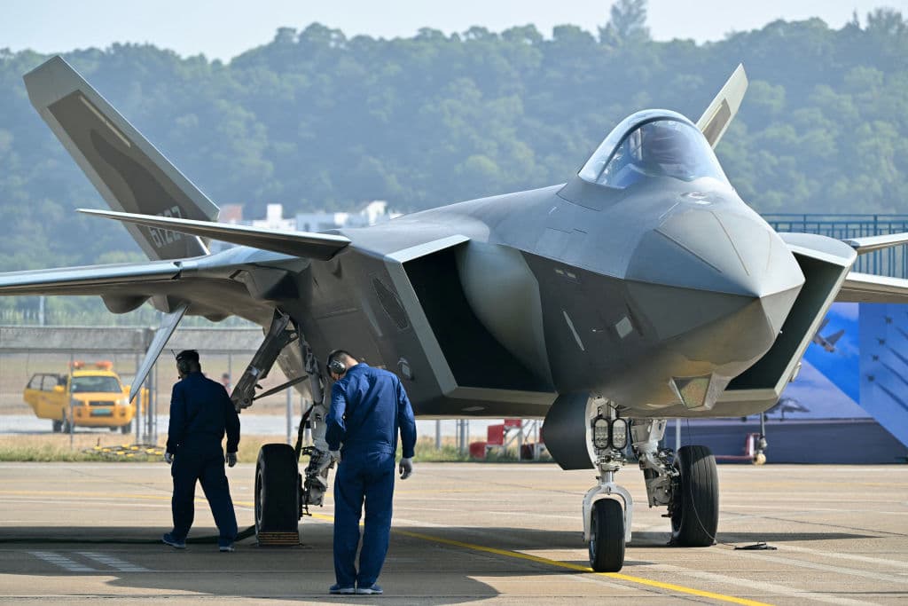 A Chinese-made Chengdu J-20 stealth fighter is displayed during the 15th China International Aviation and Aerospace Exhibition in Zhuhai, in south China's Guangdong province, on Nov. 12, 2024. (Hector Retamal/AFP via Getty Images)