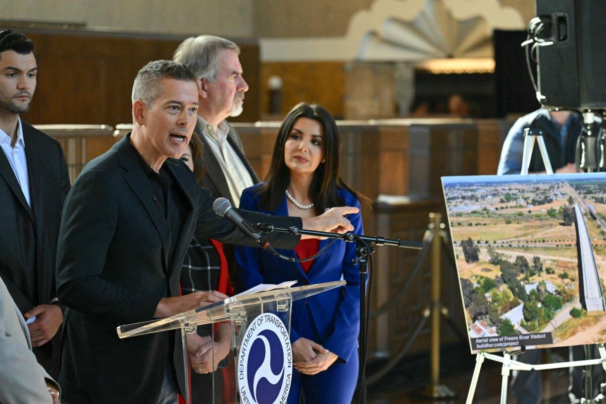 Transportation chief Sean Duffy speaks at Union Station in downtown Los Angeles on Feb. 20, 2025. (Patrick T. Fallon/AFP via Getty Images)