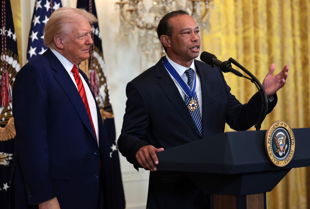 Golf legend Tiger Woods speaks alongside President Donald Trump during a reception honoring Black History Month in the East Room of the White House on Feb. 20, 2025. (Win McNamee/Getty Images)