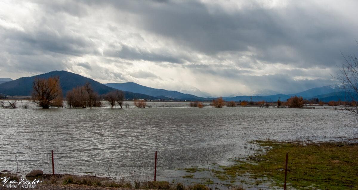 Submerged ranchland in the Scott River Valley in Siskiyou County, Calif., on Feb. 24, 2025, after heavy rains and snowmelt. (Courtesy Mel Fechter)