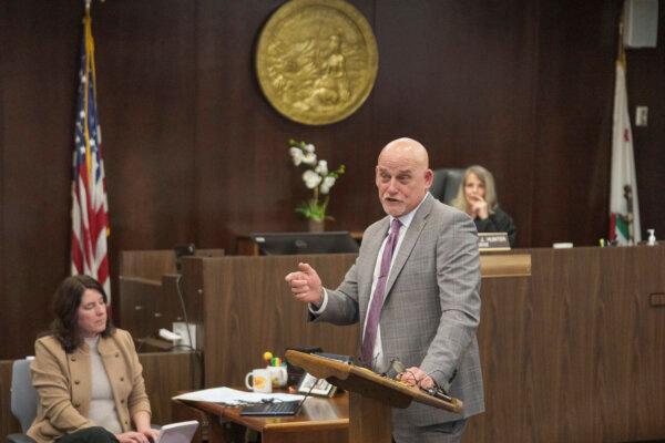 Defense attorney Cameron J. Talley speaks during opening statements at the Santa Ana Courthouse in Santa Ana, Calif., on Feb. 24, 2025. (Damian Dovarganes/Pool/AP Photo)