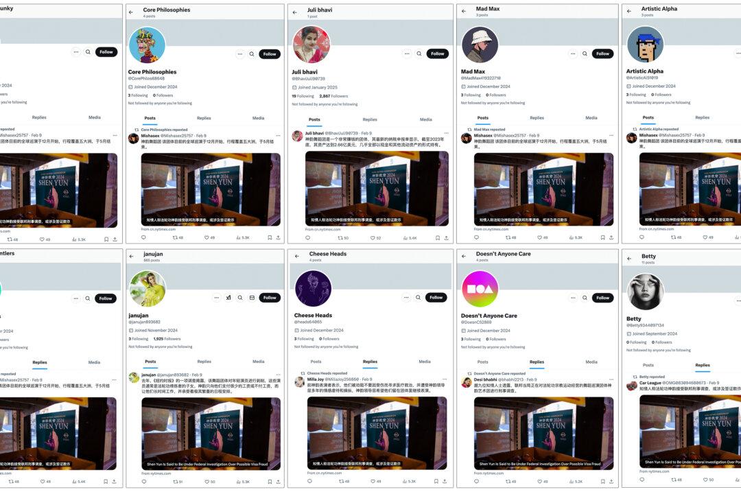 Screenshots of fake accounts that posted and reposted the New York Times' reporting targeting Shen Yun on X. (Screenshots via The Epoch Times, X)