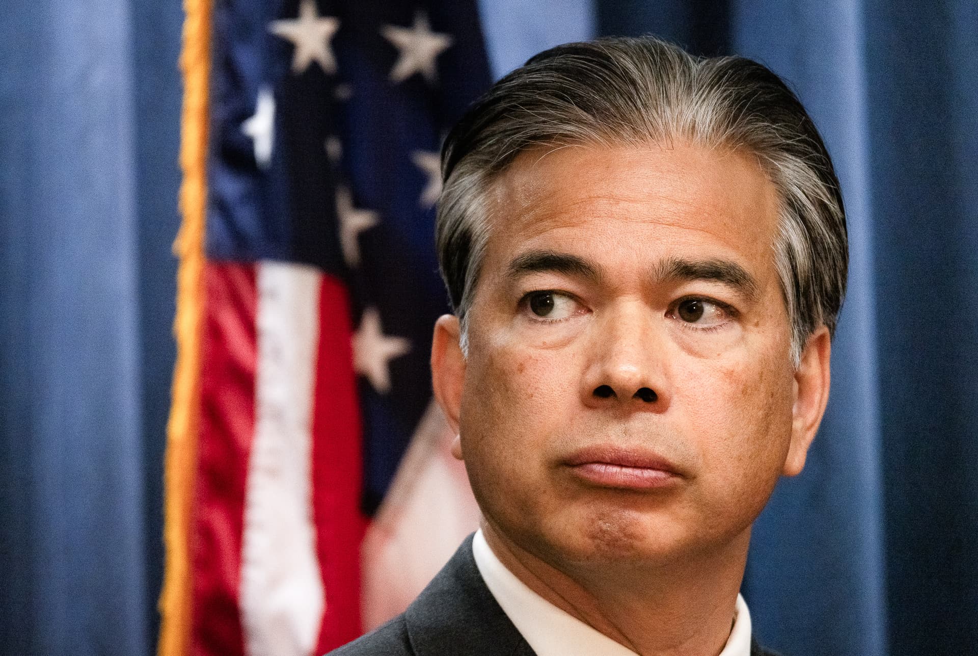 California Attorney General Rob Bonta attends a press conference in Los Angeles, Calif., on April 15, 2024. (John Fredricks/The Epoch Times)