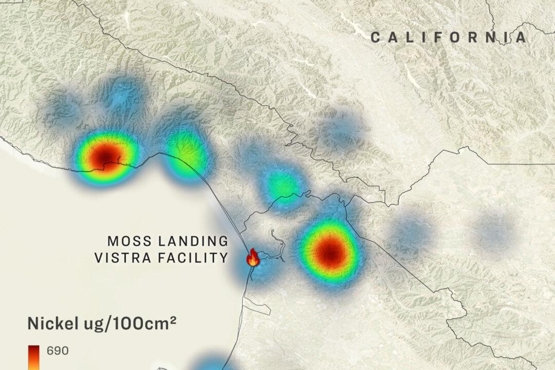 A map showing levels of chemicals cobalt, lithium, manganese, nickel in the nearby area of the Moss Landing Power Plant after the fire. (Illustration by The Epoch Times)