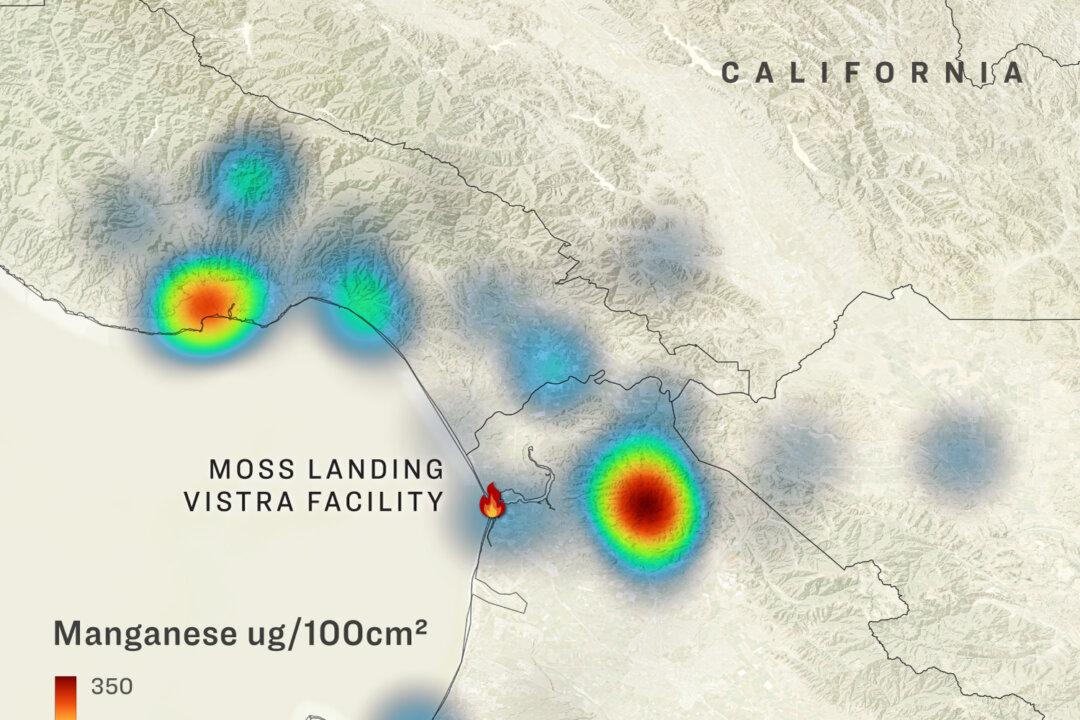 A map showing levels of chemicals cobalt, lithium, manganese, nickel in the nearby area of the Moss Landing Power Plant after the fire. (Illustration by The Epoch Times)