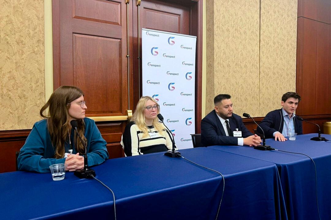 (L–R) Detransitioners Soren Adelson, Laura Becker, Abel Garcia, and Forrest Smith speak at a Capitol Hill briefing for Detrans Awareness Day in Washington on March 12, 2025. (Courtesy of Genspect)