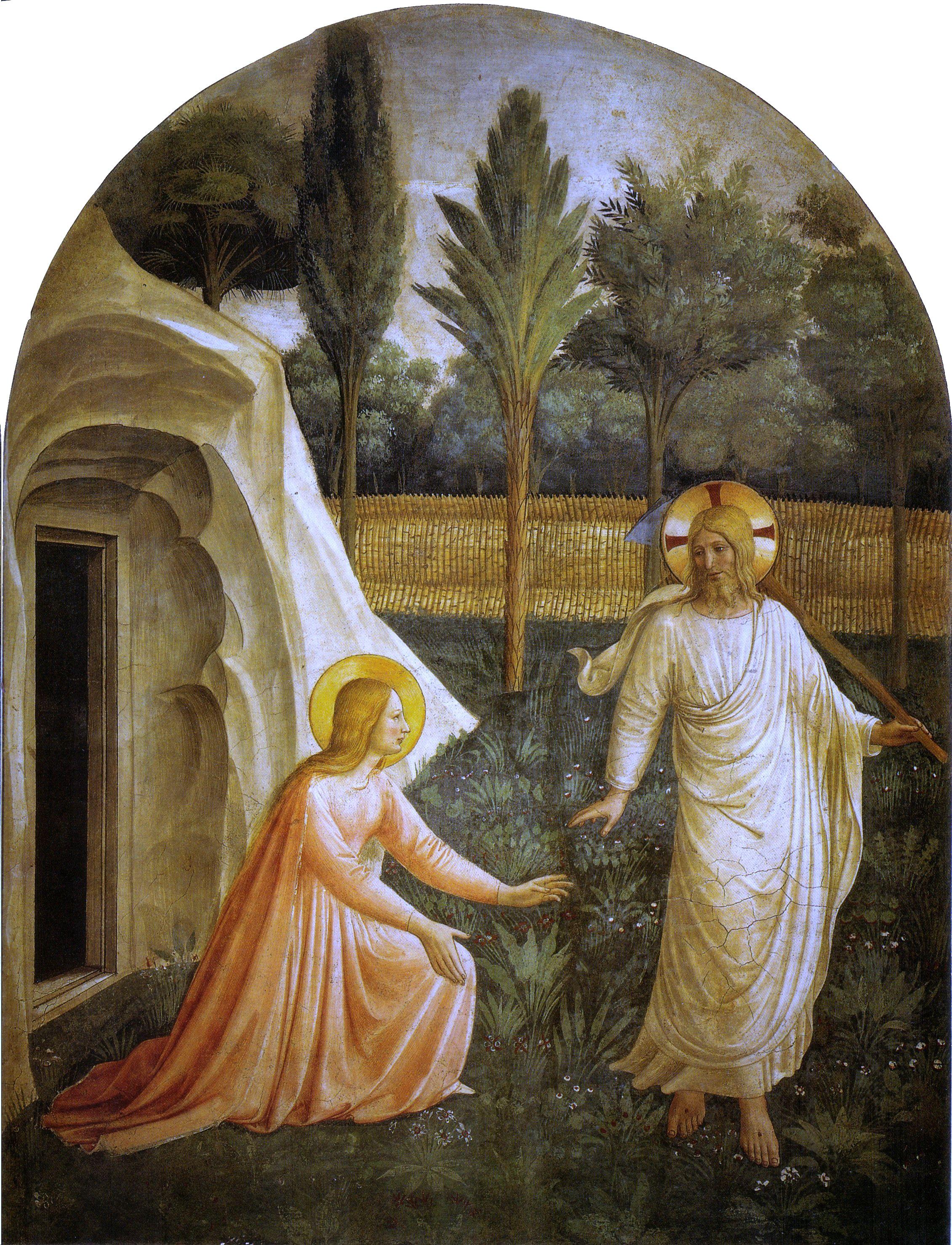 "Noli Me Tangere," 1439–1443, by Fra Angelico for cell one. Fresco, tempera, and plaster; 70 4/5 inches by 54 3/4 inches. San Marco Convent, Florence. (Public Domain)