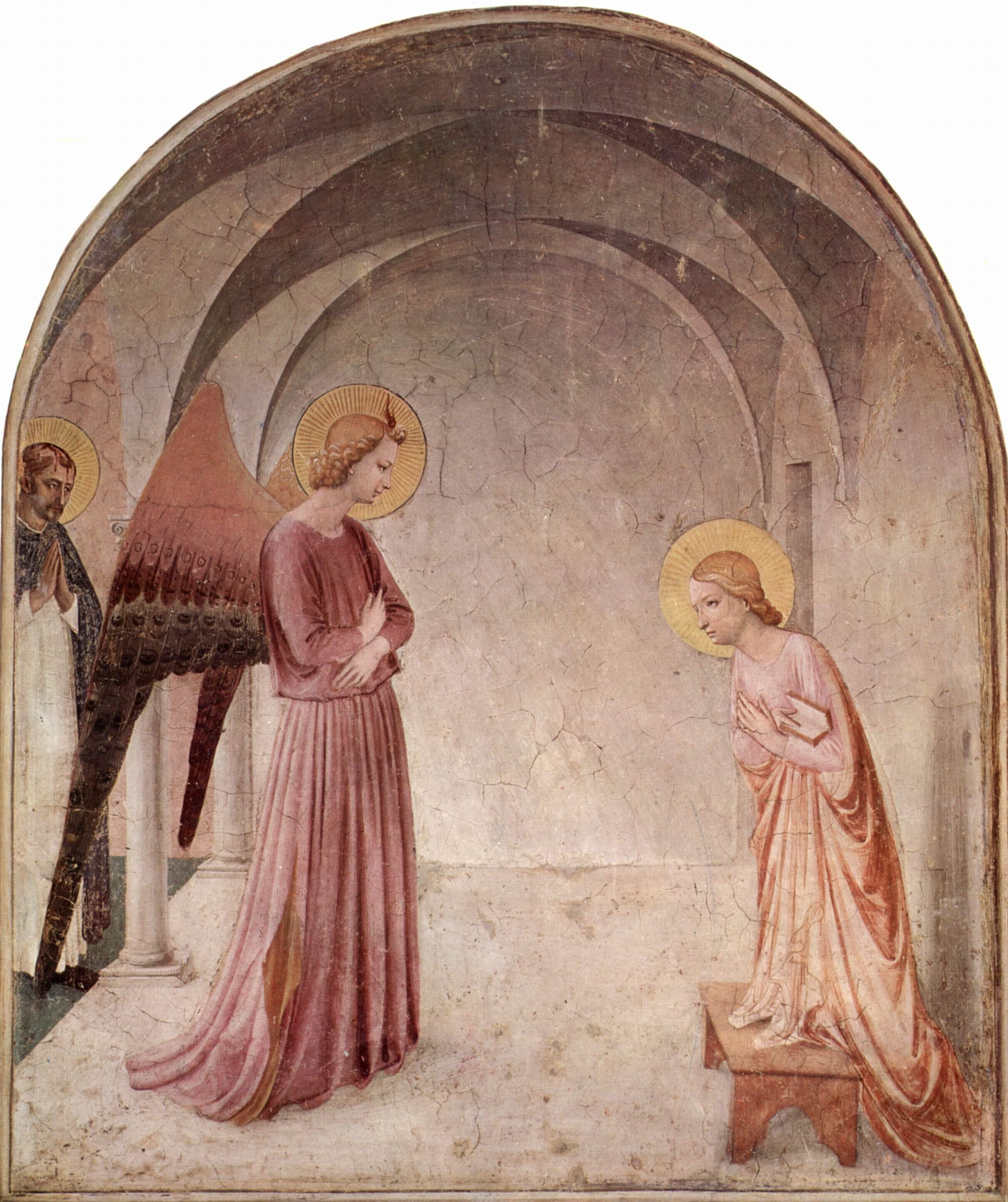 "Annunciation With Saint Peter Martyr," 1439–1443, by Fra Angelico for cell 3. Fresco, tempera, and plaster; 69 1/5 inches by 58 1/5 inches. San Marco Convent, Florence. (Public Domain)