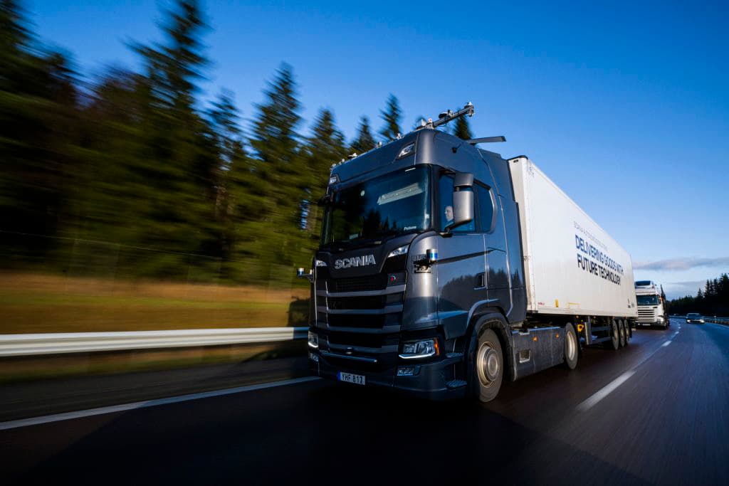 A self-driving truck is pictured on a motorway, south of Stockholm, near Södertälje, Sweden, on Nov. 18, 2022. (Jonathan Nackstrand/AFP via Getty Images)