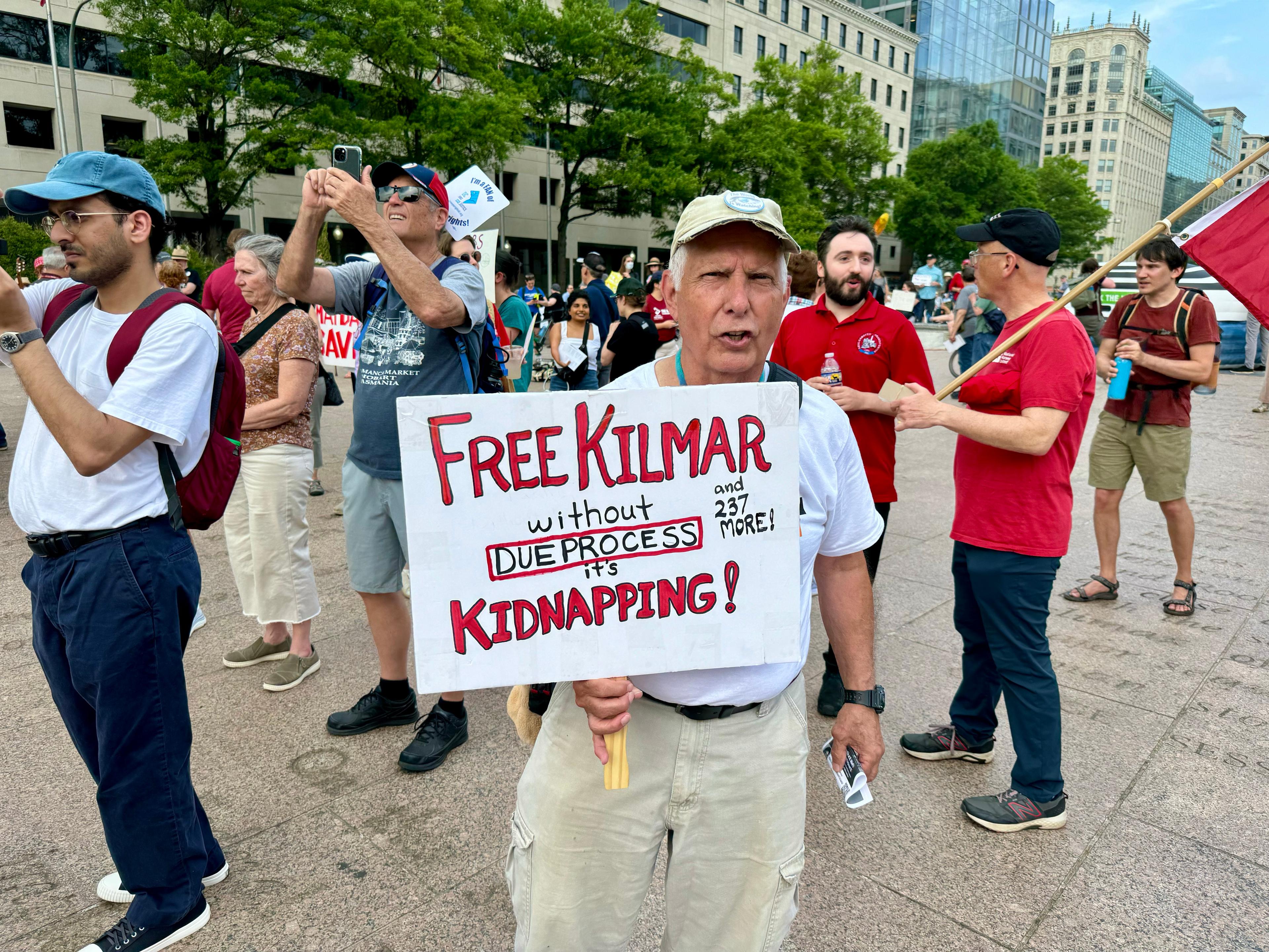 Bob Fasick, a resident of Virginia, supports Kilmar Abrego Garcia's return to the United States at a protest in Freedom Plaza in Washington on May 1, 2025. (Arjun Singh/The Epoch Times)