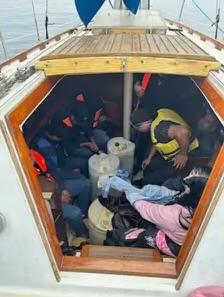 U.S. Coast Guard crews in San Diego found 16 illegal immigrants inside the cabin of a 25-foot sailboat on May 31, 2025, off the California coast. (U.S. Coast Guard)