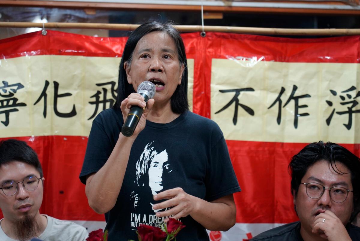 Chan Po-ying, chairperson of the League of Social Democrats, spoke at a press conference on June 29, 2025. (Kiri Choi/The Epoch Times)