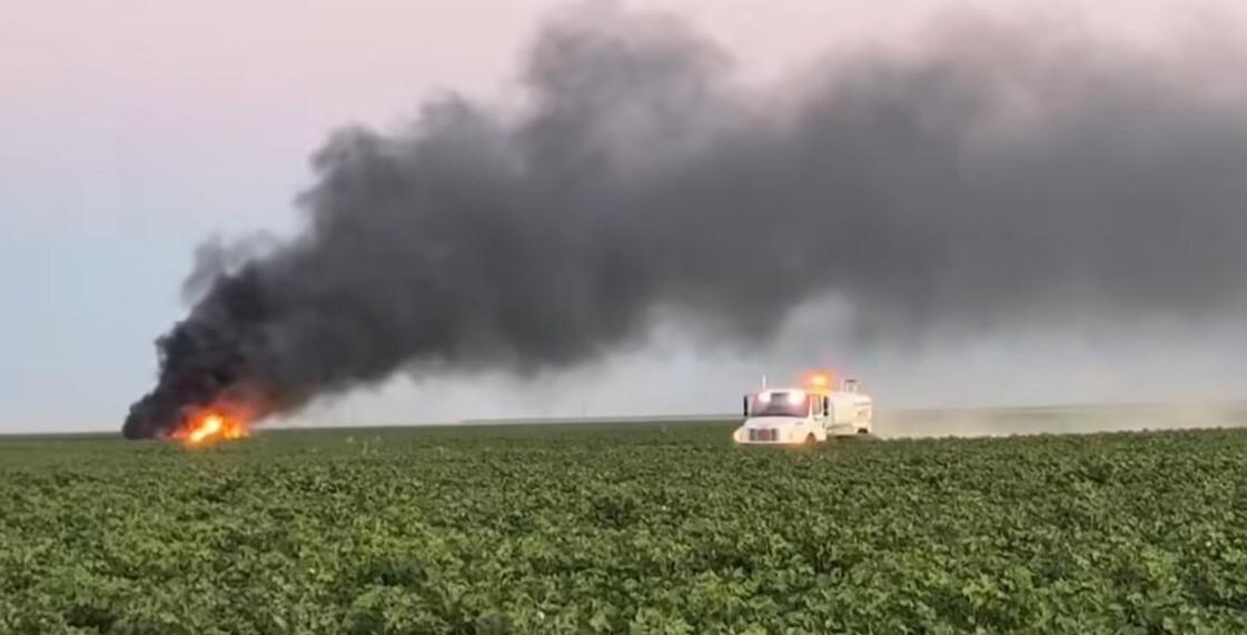 Flames rise from the crash after a pilot safely ejected from a fighter jet north of Naval Air Station Lemoore in Central California on July 30, 2025. (Fresno County Sheriff's Office)