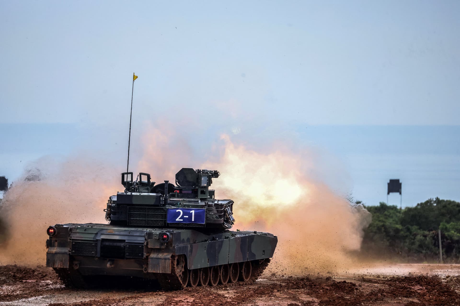 The Taiwanese army holds a live-fire shooting session for Taiwan's first batch of the advanced U.S.-made M1A2T Abrams tanks, which takes place separately from the annual Han Kuang military exercise, in Hsinchu on July 10, 2025. (I-Hwa Cheng/AFP via Getty Images)