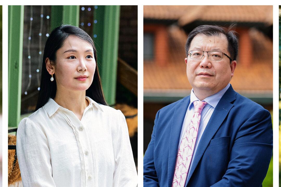 (L–R) Falun Gong practitioners Shi Baohua, Liu Ziyu, Hunter Wang, and He Zhiwei share their experience escaping the Chinese Communist Party's persecution of Falun Gong. (Larry Dye/The Epoch Times)