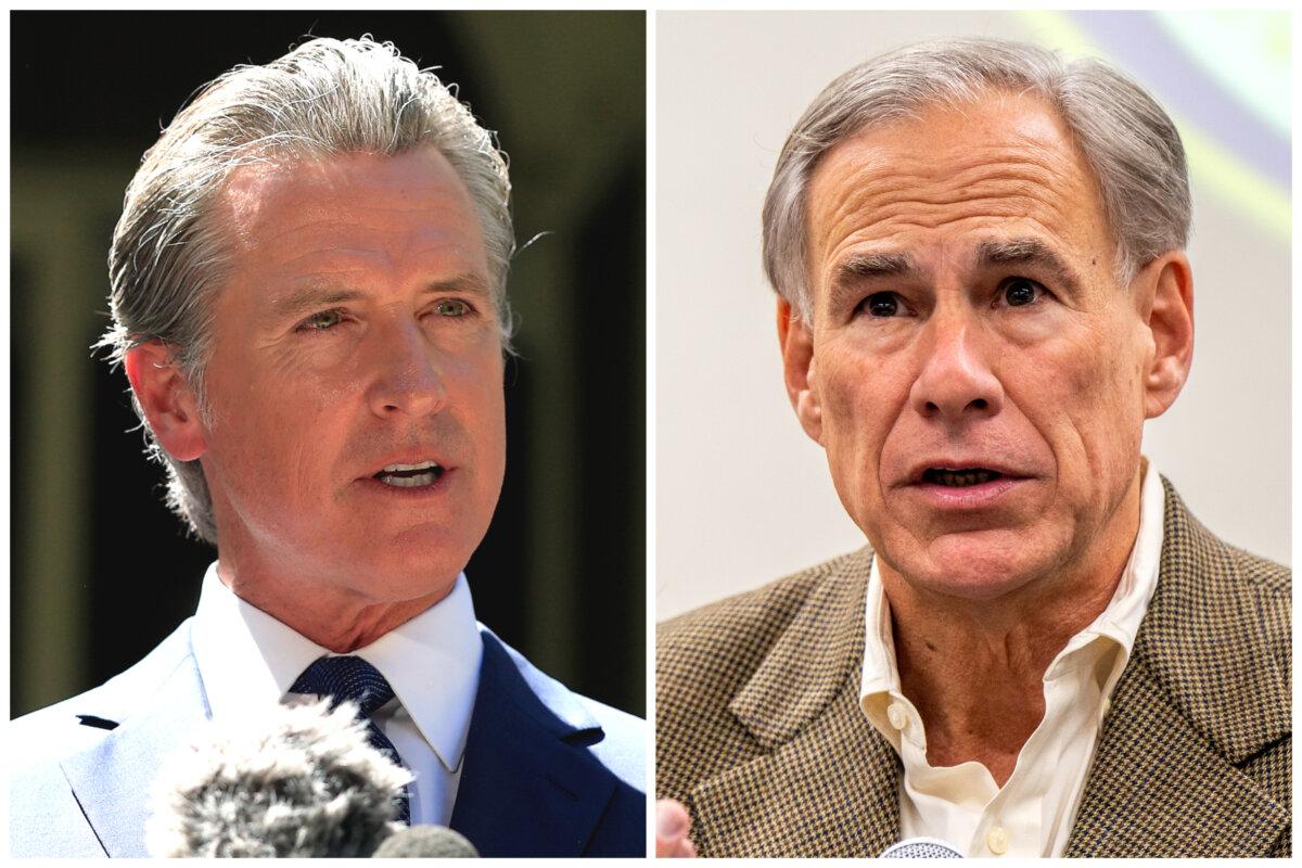(Left) California Gov. Gavin Newsom speaks during a news conference in Sacramento, Calif., on July 25, 2025. (Right) Texas Gov. Greg Abbott speaks at a news conference in Beaumont, Texas, on Oct. 17, 2022. The two governors are on opposite sides of a redistricting war. (Justin Sullivan, Brandon Bell/Getty Images)