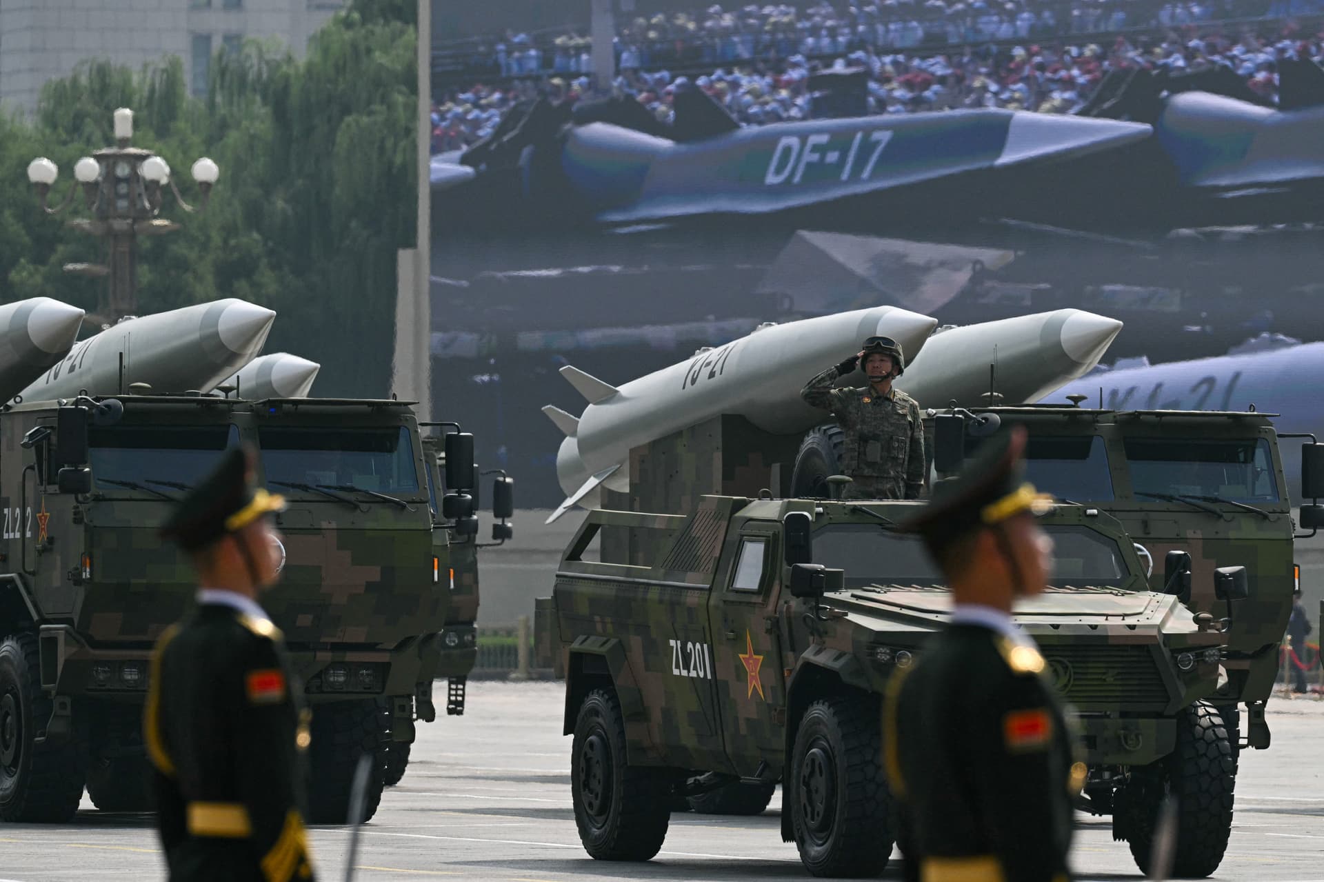 YJ-21 hypersonic anti-ship ballistic missiles are seen during a military parade marking the 80th anniversary of victory over Japan and the end of World War II, in Beijing's Tiananmen Square on Sept. 3, 2025. (Greg Baker/AFP via Getty Images)
