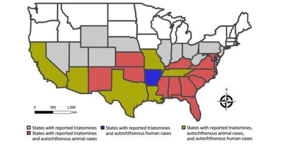 A map released on Aug. 26 by the Centers for Disease Control and Prevention shows the states where Chagas disease and kissing bugs have been reported. (CDC via The Epoch Times)