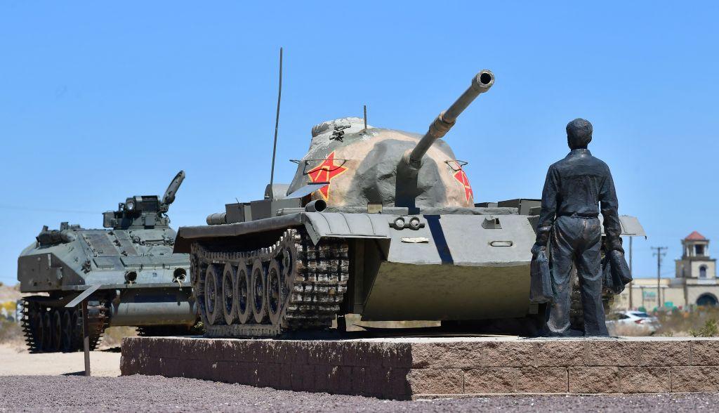 Artist Chen Weiming's "Tank Man" sculpture at Liberty Sculpture Park in Yermo, Calif., on June 1, 2022. (Frederic J. Brown/AFP via Getty Images)