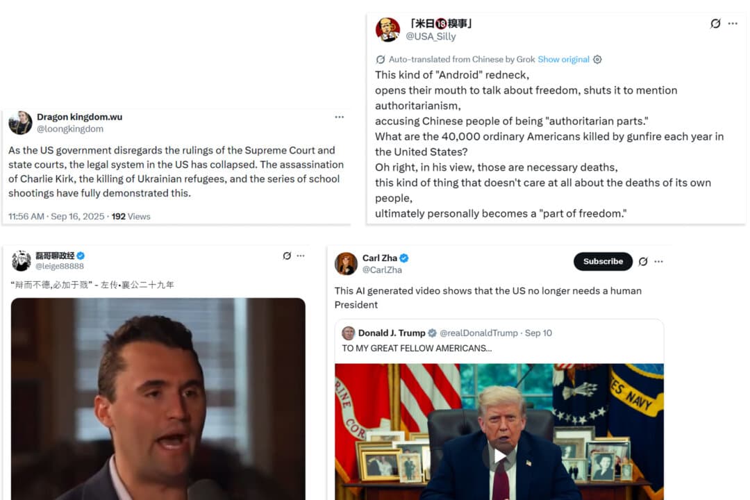 Screenshots of pro-Chinese Communist Party social media accounts capitalizing on the assassination of Charlie Kirk to attack the United States. (Screenshots via The Epoch Times/X)