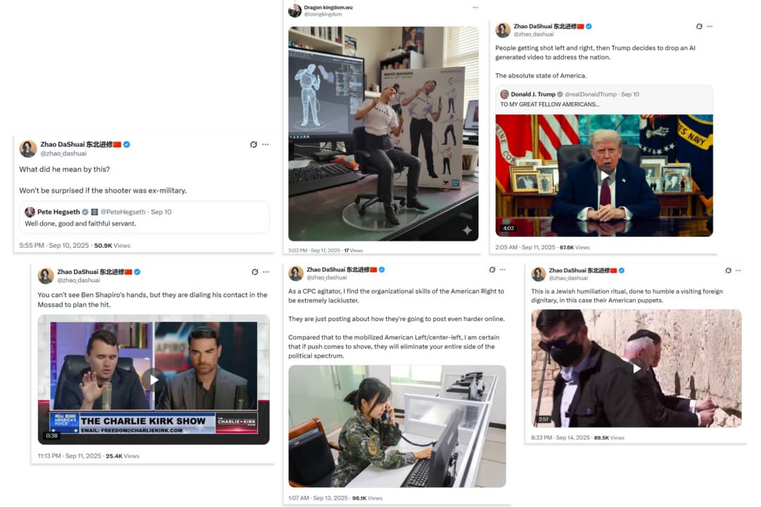 Screenshots of pro-Chinese Communist Party social media accounts capitalizing on the assassination of Charlie Kirk to attack the United States. (Screenshots via The Epoch Times/X)