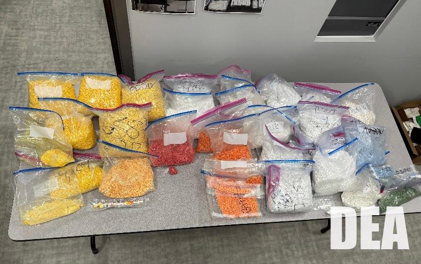 Drug Enforcement Administration agents display approximately 300,000 counterfeit pills seized in an operation targeting the Jalisco New Generation Cartel in September 2025. (Courtesy/Drug Enforcement Administration)