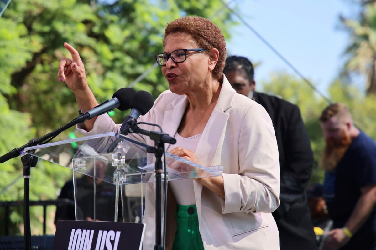 Mayor Karen Bass speaks during an immigration rally in Los Angeles on Sept. 20, 2025. (Ethan Swope/AP Photo)