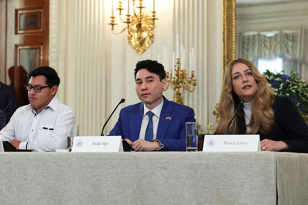 Brandi Kruse (R) speaks alongside Andy Ngo (C) during a roundtable discussion in the State Dining Room of the White House on Oct. 8, 2025. The Trump administration held the roundtable to discuss the Antifa far-left extremist group after signing an executive order designating it as a “domestic terrorist organization.” (Anna Moneymaker/Getty Images)