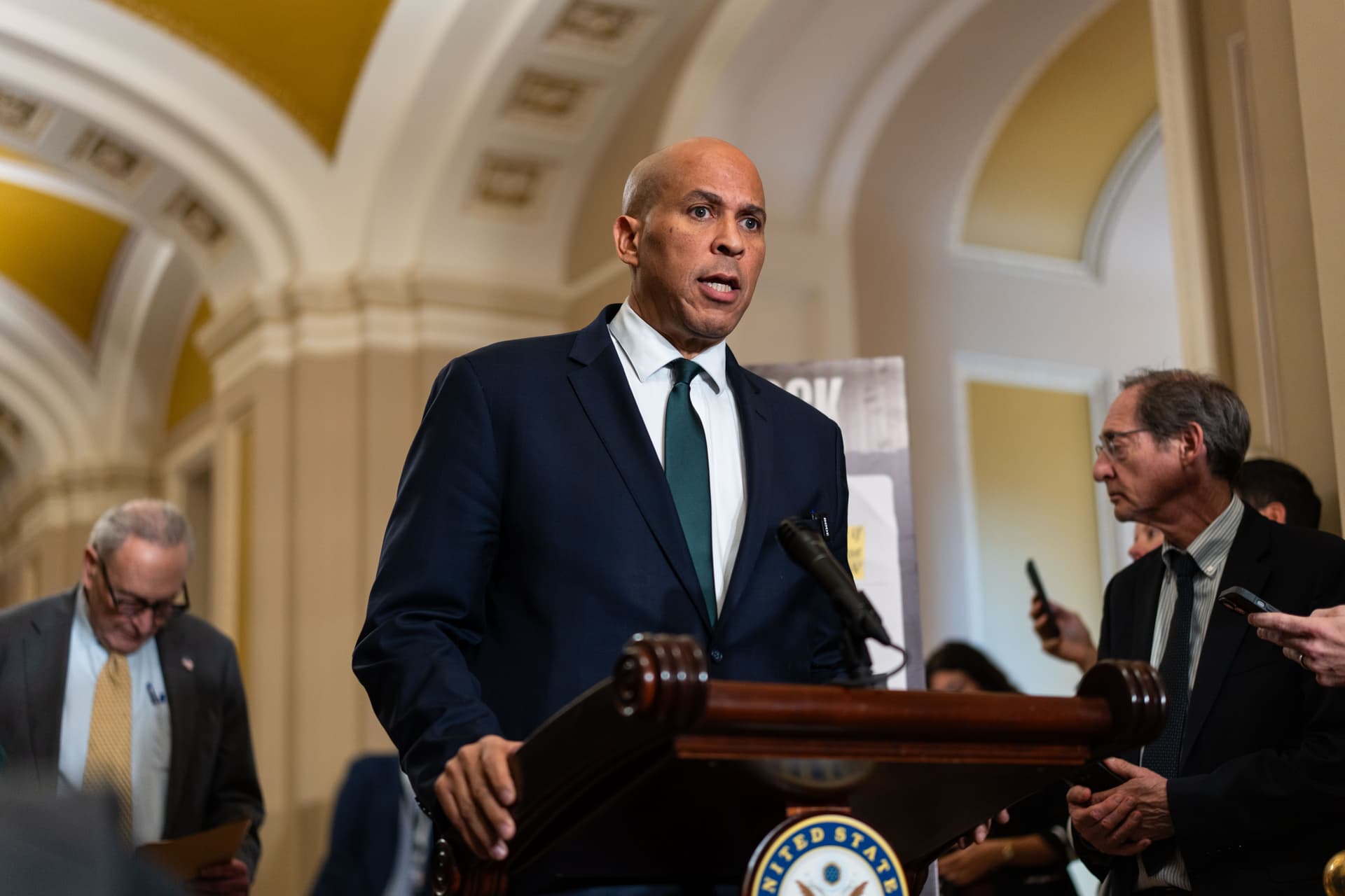 Sen. Cory Booker (D-N.J.) speaks to reporters during the government shutdown at a news conference on Capitol Hill in Washington on Oct. 15, 2025. (Madalina Kilroy/The Epoch Times)
