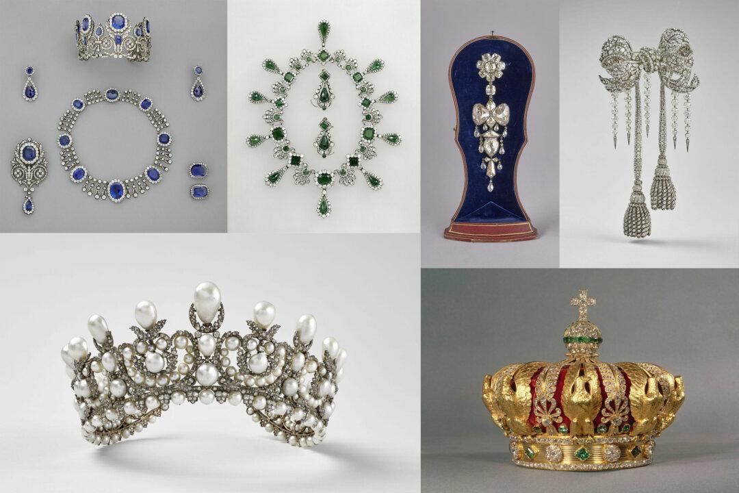 (Clockwise From Top L) A tiara, a necklace, and a single earring from the sapphire jewelery set of Queen Marie‑Amélie and Queen Hortense. An emerald necklace and a pair of emerald earrings from the jewelry set of Empress Marie‑Louise. A brooch known as the “reliquary brooch.” A large bodice-knot brooch of Empress Eugénie. A tiara of Empress Eugénie. The crown of Napoleon III’s wife, Empress Eugenie. (Stéphane Maréchalle/Musée du Louvre)