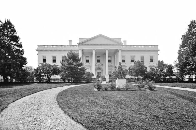 (Left) The White House in the 1860s during the Civil War. (Right) Delegation of Indians at the White House in the 1860s. By this time, the White House had become overcrowded with executive staff. (Public Domain, U.S. National Archives)