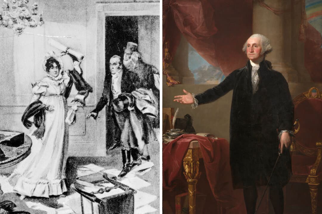 (Left) A well-known depiction of First Lady Dolley Madison rescuing Gilbert Stuart’s portrait of George Washington as the British set the White House ablaze in 1814. (Right) Portrait of George Washington by Gilbert Stuart. (The White House Historical Association, Gilbert Stuart/Public Domain)