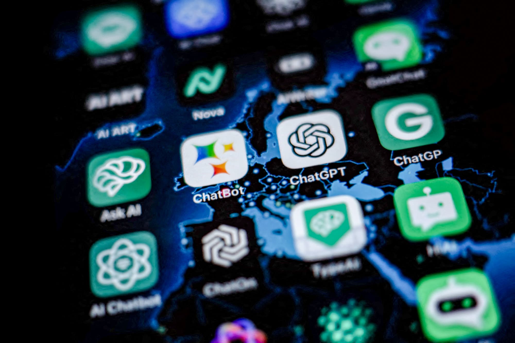 OpenAI's ChatGPT app (Center 2nd R) and icons of other AI apps on a smartphone screen in Oslo, Norway, on July 12, 2023. A common misconception is that AI is a high-level search engine providing information requested by users, like a digital encyclopedia, a lawyer said. (Olivier Morin/AFP via Getty Images)