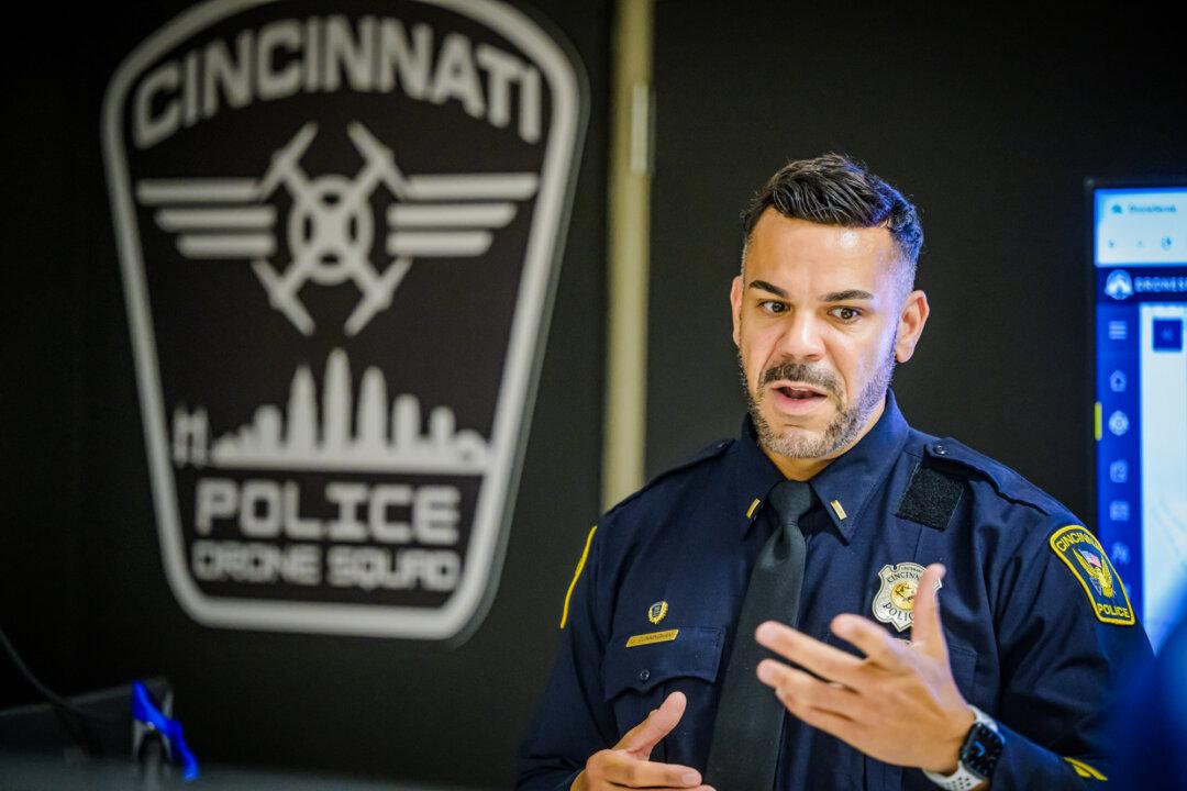 Police Lt. Jonathan Cunningham discusses how the Cincinnati Police Department operates its new “Drone as First Responder” program in Cincinnati on Sept. 12, 2025. (Malinda Hartong for The Epoch Times)