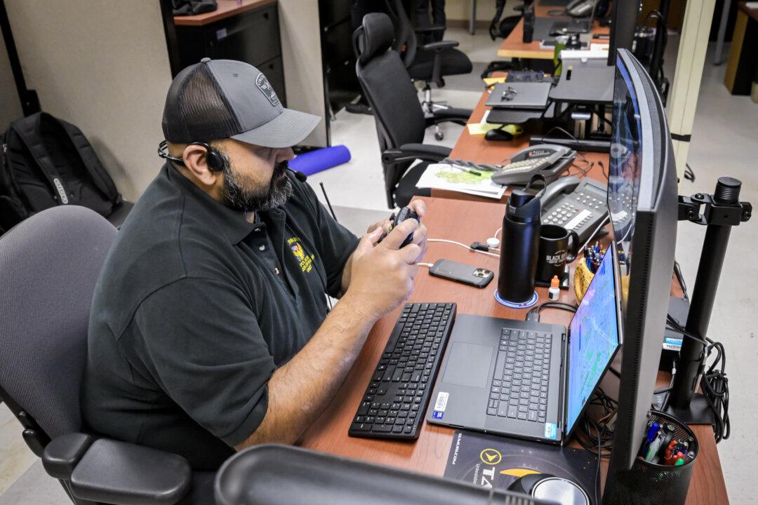 Spc. Matthew Martin pilots a drone at the Cincinnati Police Department in Cincinnati on Sept. 12, 2025. (Malinda Hartong for The Epoch Times)