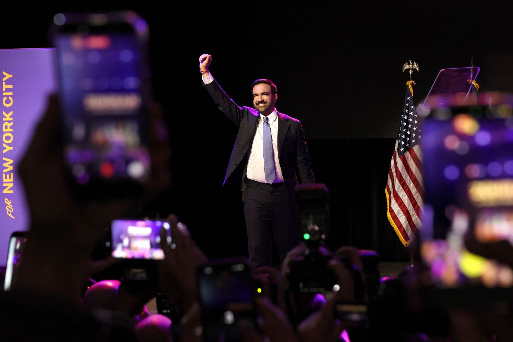 New York City Democratic mayoral candidate Zohran Mamdani celebrates as he takes the stage at his election night watch party at the Brooklyn Paramount on Nov. 4, 2025. (Michael M. Santiago/Getty Images)