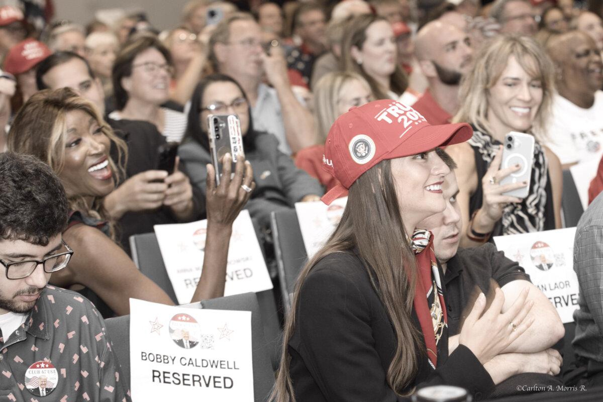 A crowd reacts to Eric Trump, son of Donald Trump, at a speech discussing his new book, 'Under Siege: My Family's Fight to Save Our Nation,' at Club 47 USA, a Trump fan club, in West Palm Beach, Fla., on Nov. 3, 2025. (Courtesy of Carlton A. Morris)