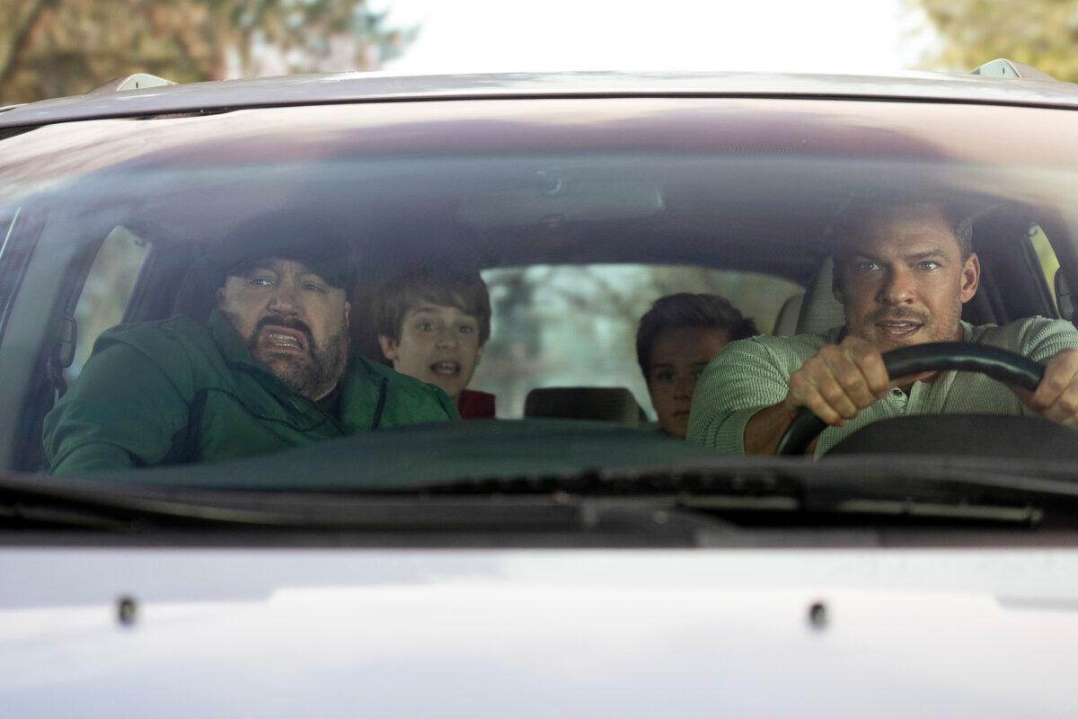 (L–R) Brian Jennings (Kevin James), Lucas (Benjamin Pajak), CJ (Banks Pierce), and Jeff Eamon (Alan Ritchson) are on the run, in “Playdate.” (Amazon MGM Studios/MovieStillsDB)