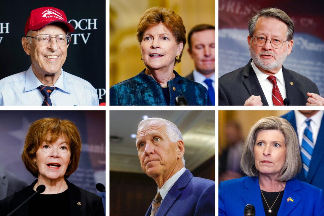 (Top Left) Dick Heller speaks during an interview with The Epoch Times in Washington on Oct. 5, 2023. (Top Center) Sen. Jeanne Shaheen (D-N.H.) speaks at a news conference on Capitol Hill in Washington on Sept. 19, 2023. (Top Right) Sen. Gary Peters (D-Mich.) at a news conference at the U.S. Capitol on Jan. 29, 2025. (Bottom Left) Sen. Tina Smith (D-Minn.) (C) talks to reporters with Sen. Jeff Merkley (D-Ore.) (L) and Sen. Chris Van Hollen (D-Md.) at the U.S. Capitol on Feb. 9, 2024. (Bottom Center) Sen. Thom Tillis (R-N.C.) arrives for a hearing on Capitol Hill in Washington on May 6, 2025. (Bottom Right) Sen. Joni Ernst (R-Iowa) speaks at a news conference at the U.S. Capitol on July 9, 2024. (Madalina Vasiliu/The Epoch Times, Kevin Dietsch, Chip Somodevilla/Getty Images)
