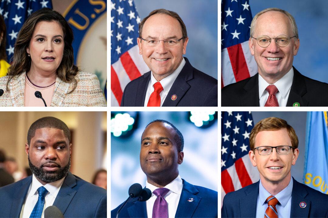 (Top L–R) Rep. Elise Stefanik (R-N.Y.) during a news conference at the U.S. Capitol on April 30, 2024; Rep. Tom Tiffany (R-Wis.) in this file photo; Rep. John W. Rose (R-Tenn.) in this file photo. (Bottom L–R) Rep. Byron Donalds (R-Fla.) at the U.S. Capitol on May 15, 2025; Rep. John James (R-Mich.) speaks at the 2024 Republican National Convention in Milwaukee on July 15, 2024; Rep. Dusty Johnson (R-S.D.) in this file photo. (Madalina Vasiliu/The Epoch Times, Public Domain)