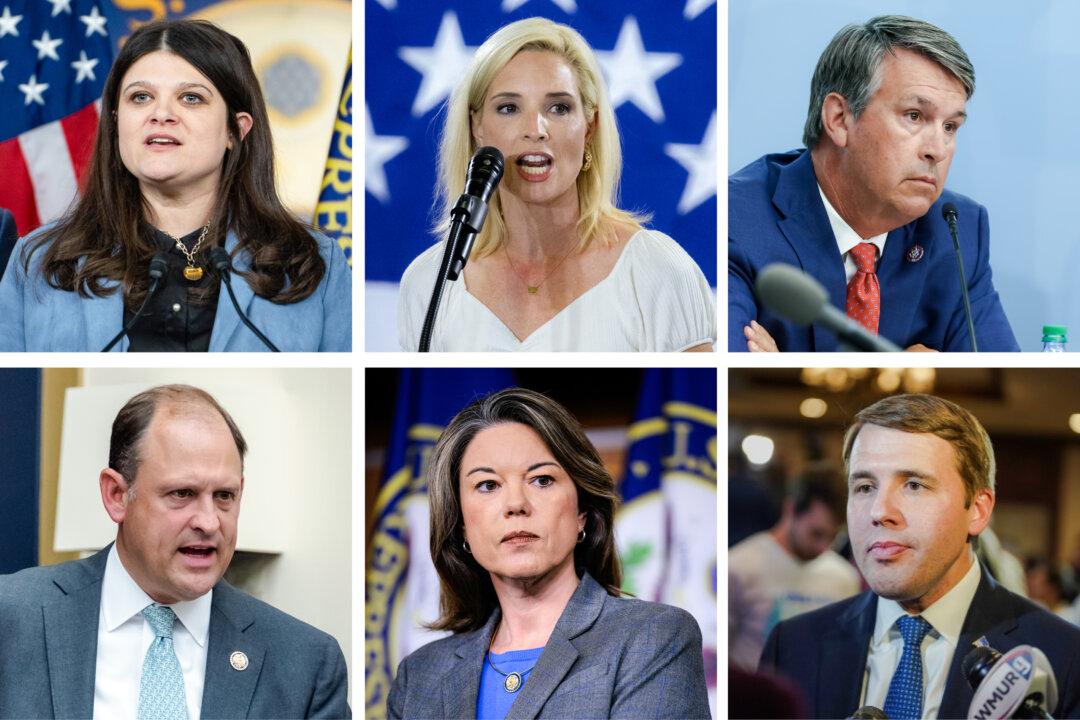 (Top Left) Rep. Haley Stevens (D-Mich.), joined by House Minority Leader Hakeem Jeffries (D-N.Y.), speaks at a news conference in Washington on Feb. 6, 2025. (Top Center) Rep. Ashley Hinson (R-Iowa) speaks to guests at a fundraiser in Cedar Rapids, Iowa, on Aug. 23, 2025. (Top Right) Rep. Barry Moore (R-Ala.) at a hearing at the Heritage Foundation in Washington on June 21, 2022. (Bottom Left) Rep. Andy Barr (R-Ky.) speaks with Rep. Warren Davidson (R-Ohio) before a hearing in Washington on May 7, 2025. (Bottom Center) Rep. Angie Craig (D-Minn.) at a news conference at the U.S. Capitol on May 6, 2025. (Bottom Right) Rep. Chris Pappas (D-N.H.) speaks after his midterm victory in Manchester, N.H., on Nov. 8, 2022. (Madalina Vasiliu/The Epoch Times, Scott Olson, Alex Wong, Pete Marovich, Chip Somodevilla, Sophie Park/Getty Images)