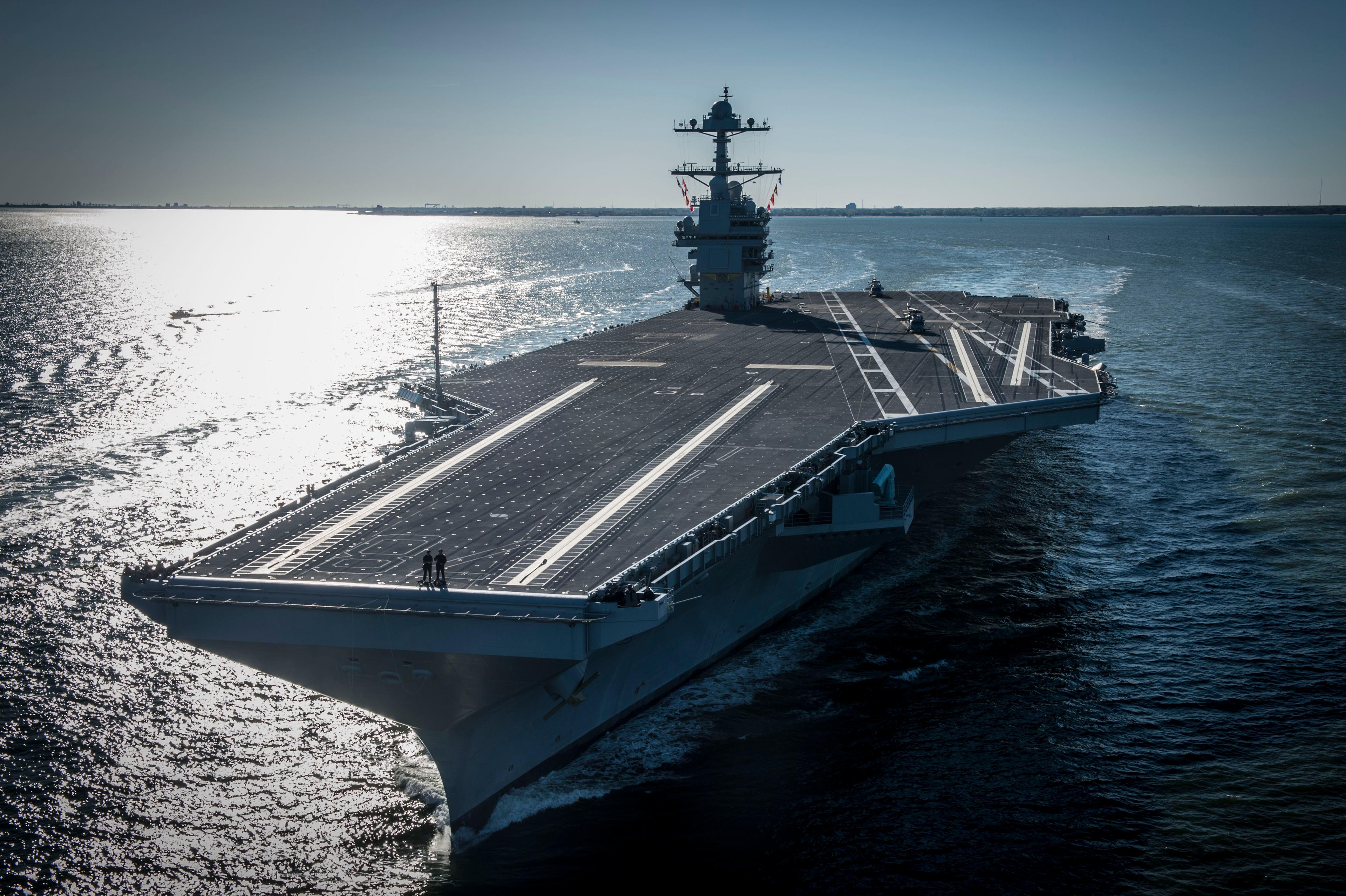 USS Gerald R. Ford (CVN 78) is seen underway on its own power for the first time in Newport News, Va., on April 8, 2017. (Mass Communication Specialist 2nd Class Ridge Leoni/U.S. Navy via Getty Images)